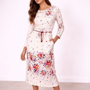 Vintage Tobi White Multi Abstract Floral Paint Splatter Midi Dress Belted S/M